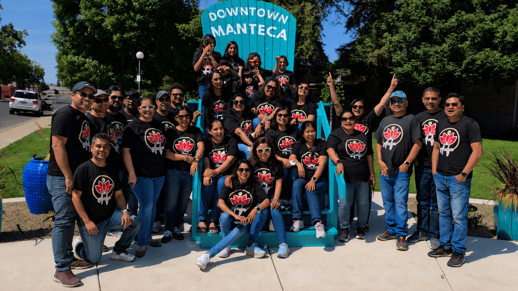 Aadya volunteers and team members in matching Aadya t-shirts at Downtown Manteca